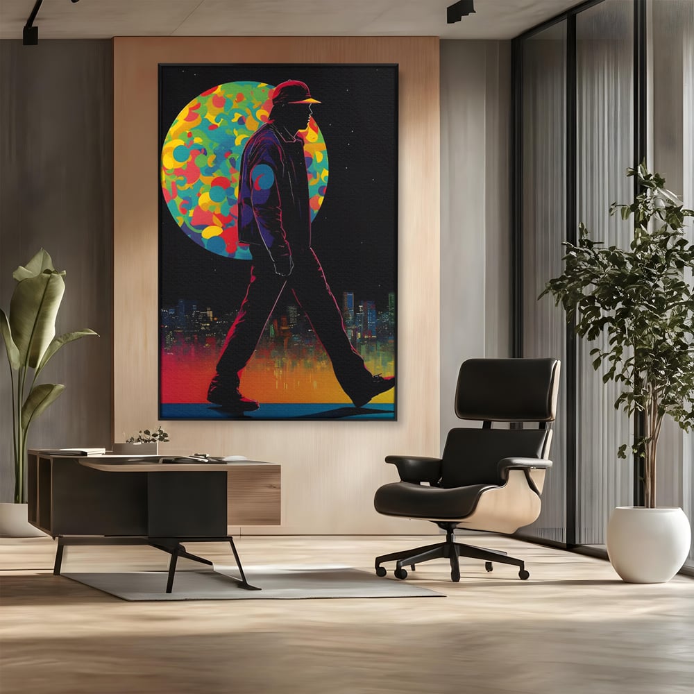 Tablou canvas cu silueta unui barbat mergand pe fundal urban, in rama de aluminiu negru, pe perete intr-un birou